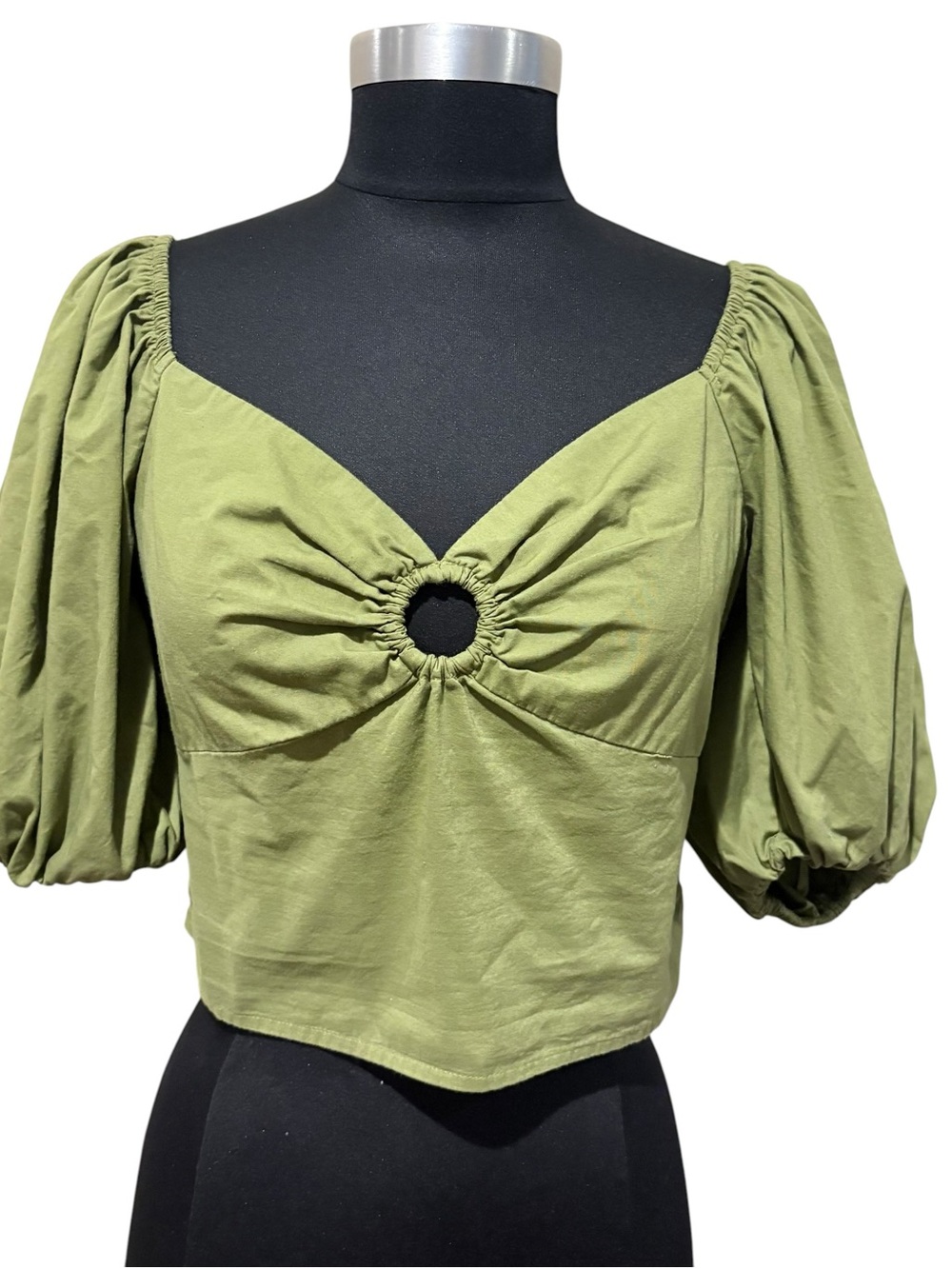 Abercrombie & Fitch Olive Green Puff Sleeve Ring-Front Crop Top size S